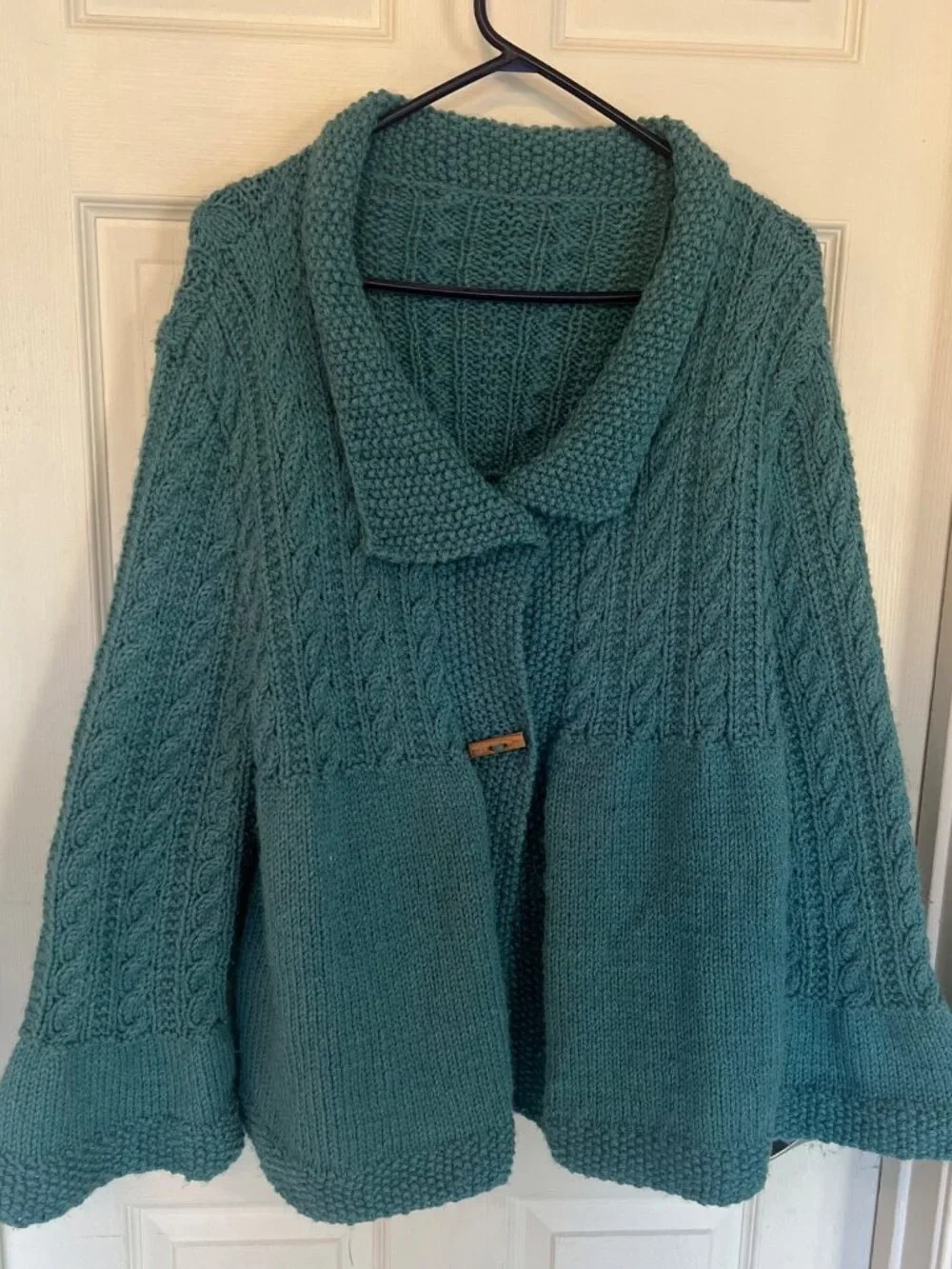 Handmade Blue Cable Knit Bell Sleeve Cardigan Sweater Size Medium - Picture 1 of 10
